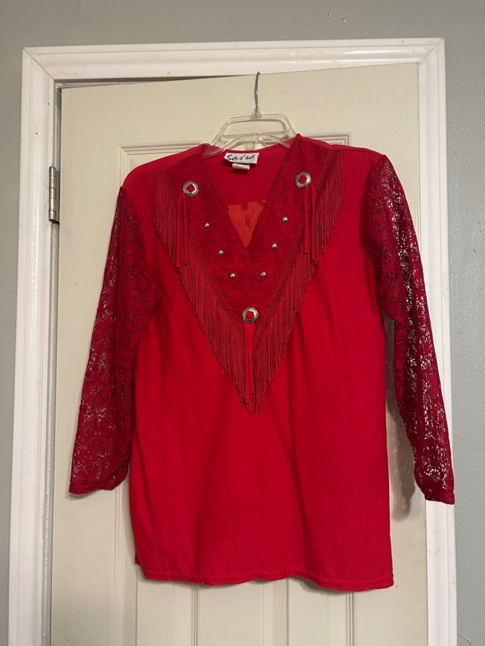 🇺🇸$6–8-10-15 Sale🥧 Sassa Red Western Shirt Fringe Studs, Lace & Concho